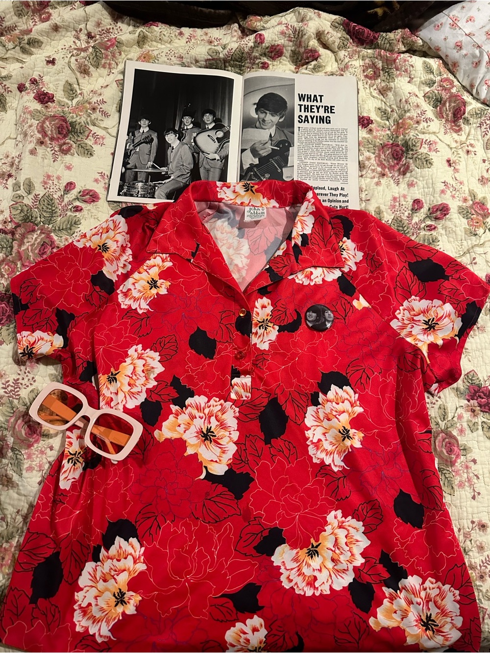 True Vintage 70s Plus Size John Abbott Red Floral Hawaiian Shirt Tropical XXL 2X